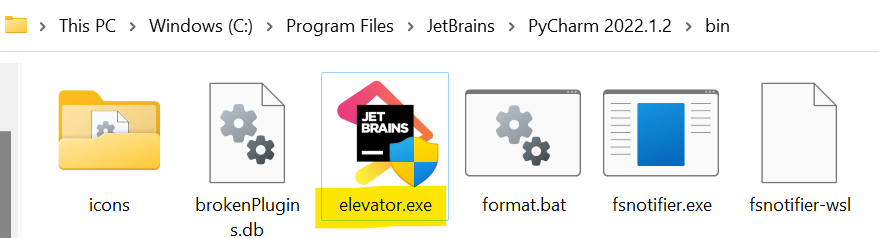 PyCharm インストールフォルダー内の実行可能ファイル