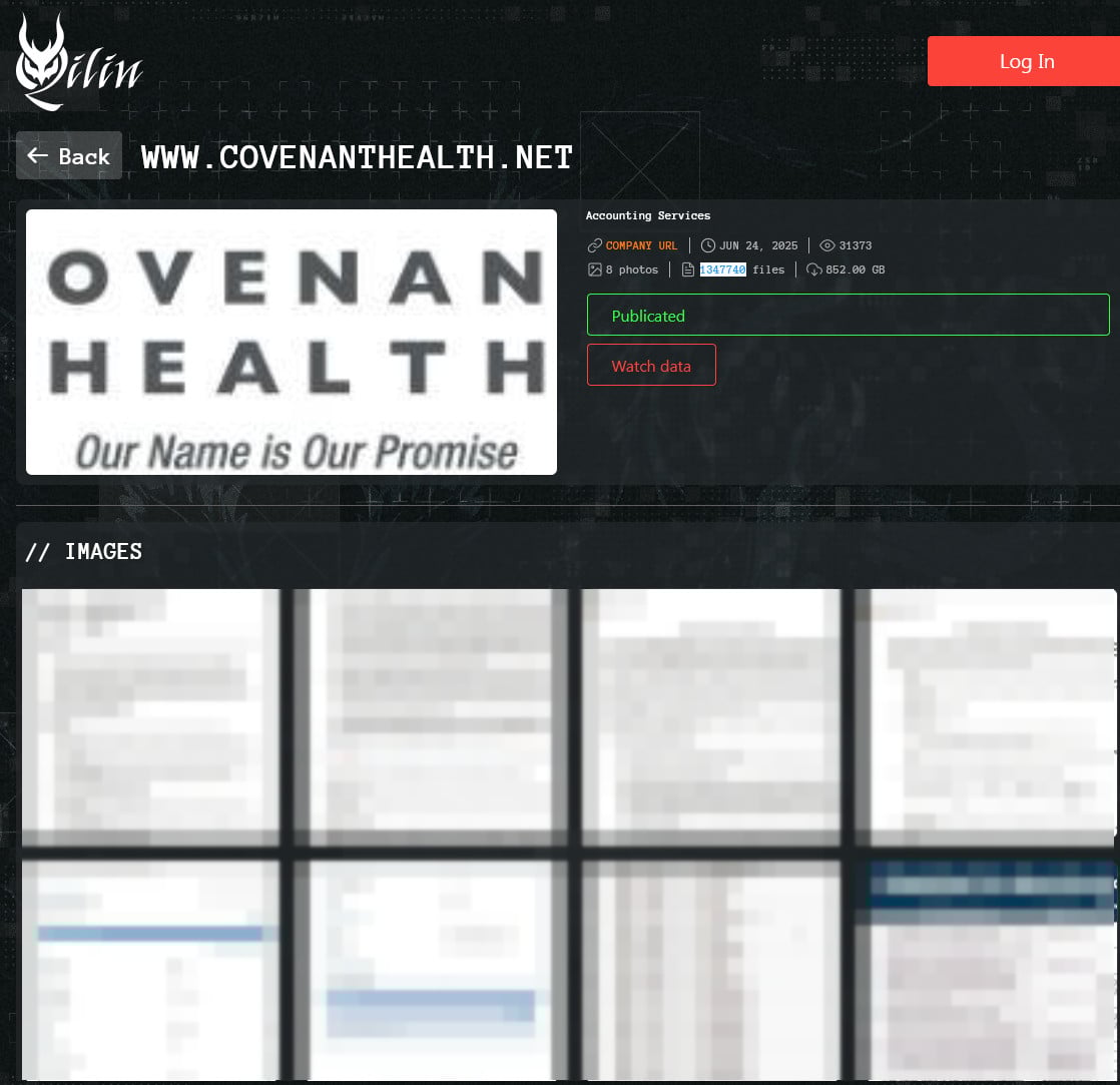 Qilin ransomware lists Covenant Health on its data leak site