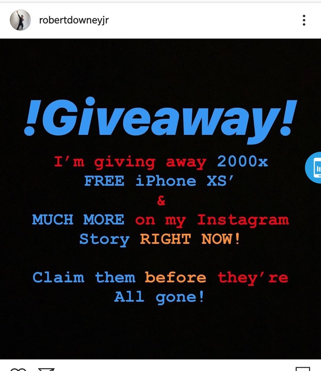 Hacked Instagram Account Of Robert Downey Jr Pushes Iphone Giveaway - roblox giveawaystop hack