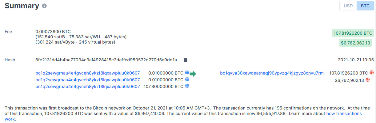 Transaction for laundering 107 BTC in DarkSide ransomware wallet