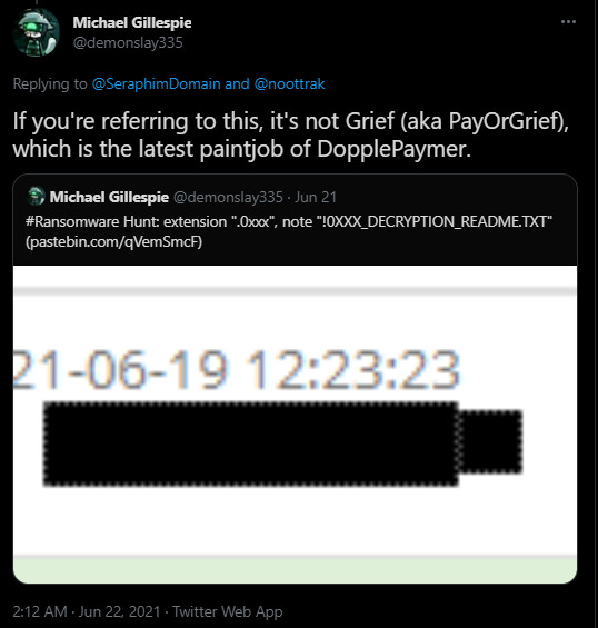 Grief ransomware and DoppelPaymer ransomware are names of the same threat