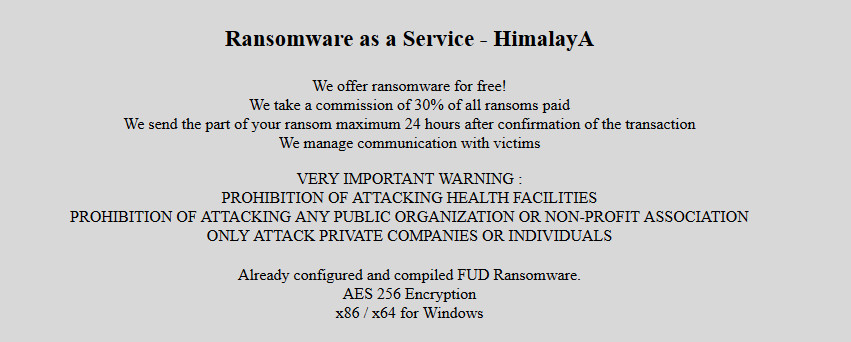 Himalaya ransomware advertises its RaaS operation 