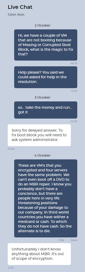 Hive ransomware chat with victim