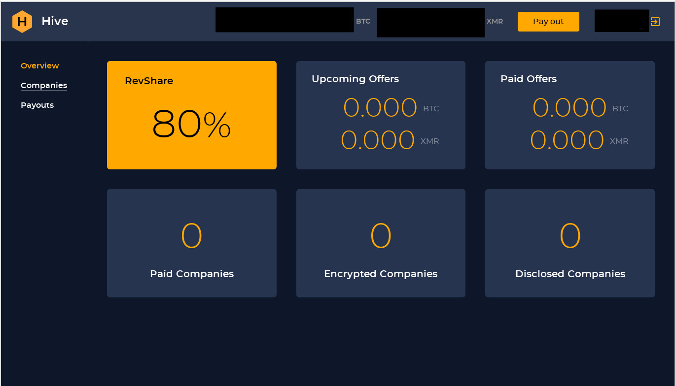 Hiver ransomware admin panel for affiliates
