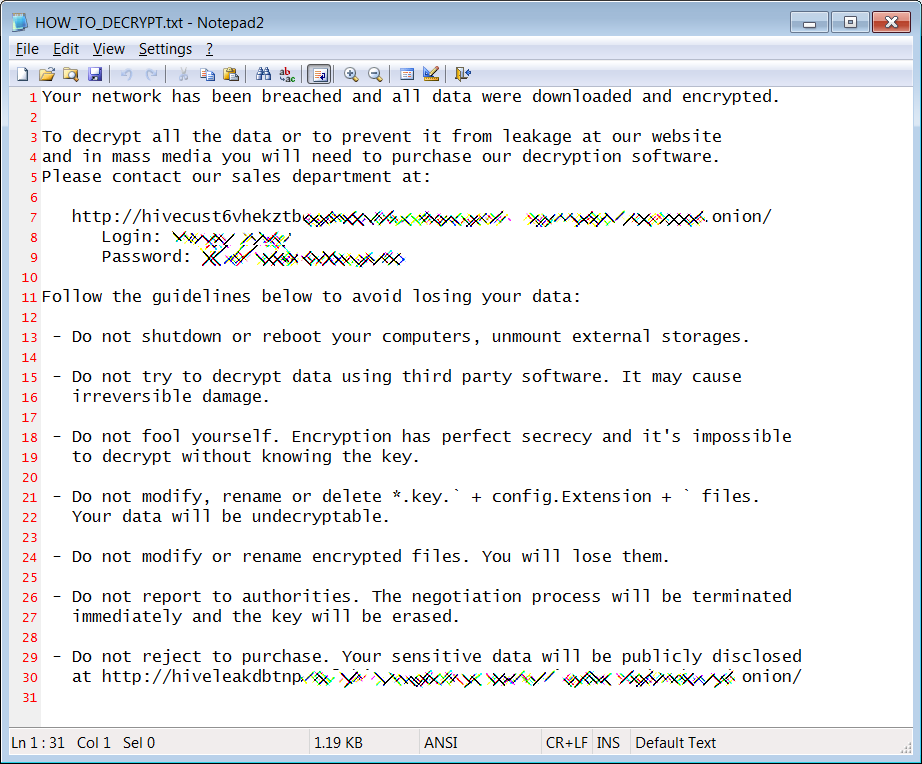 Hive Ransomware - ransom note