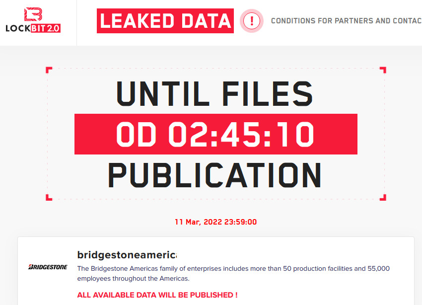 LockBit ransomware timer for publishing data stolen from Bridgestone Americas