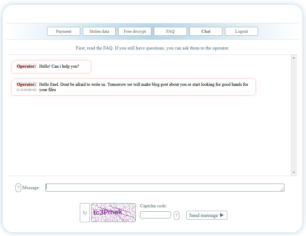 Netwalker chat section for Enel victim page