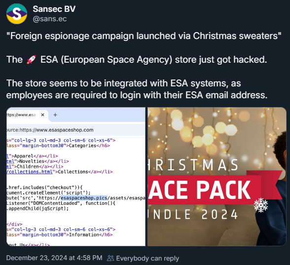 Sansec warning that ESA's website was hacked