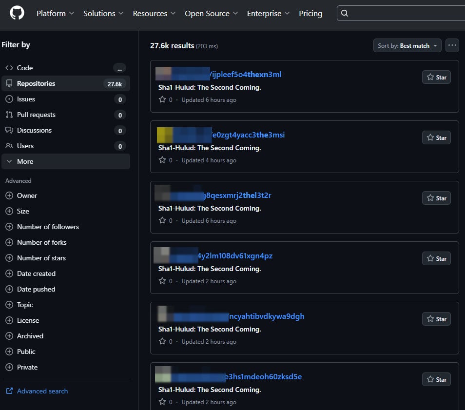 GitHub repositories with secrets stolen in the new Shai-Hulud campaign
