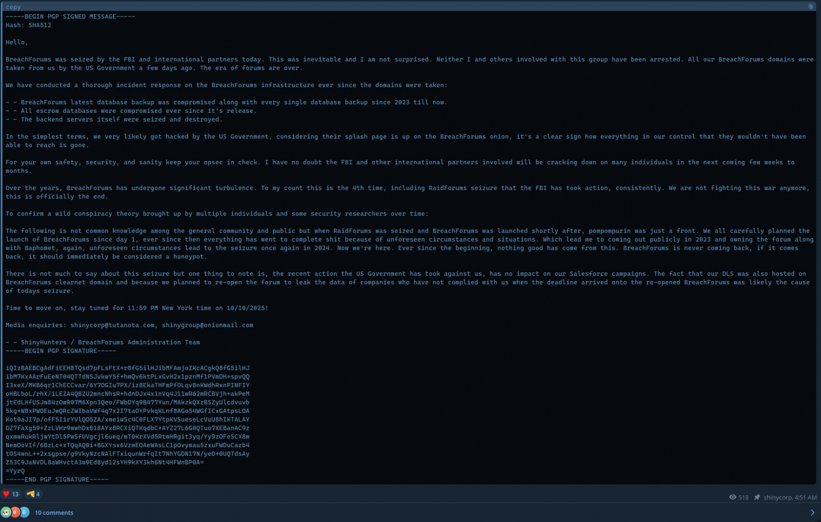 FBI'ın BreachForums'u ele geçirmesinin ardından ShinyHunters çetesinden mesaj