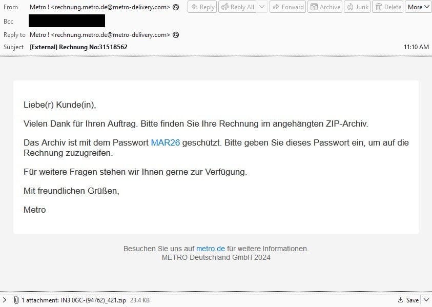TA547 phishing email impersonating Metro