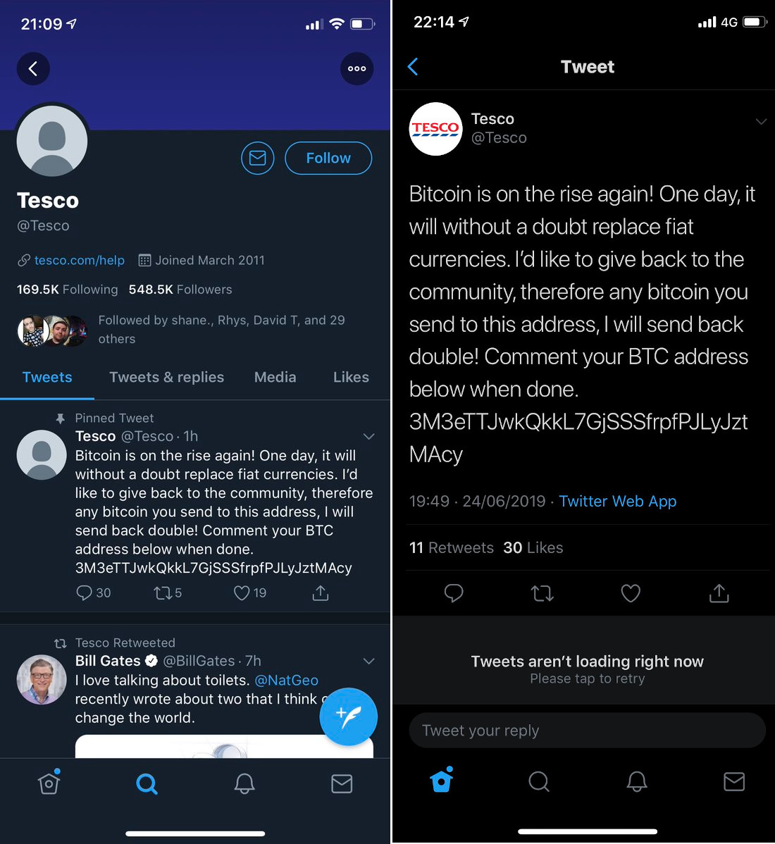 Tesco Hacked On Twitter Spoofs Bill Gates And Pushes Btc Scam - 