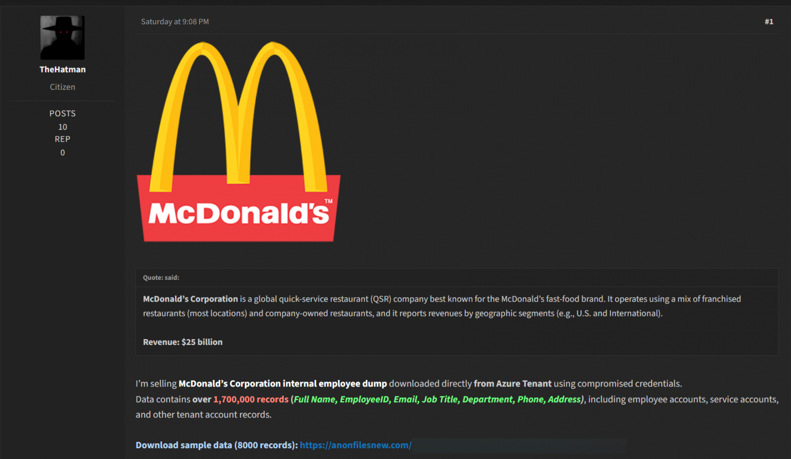 Cybercrime advertisement for an alleged McDonald's employee database