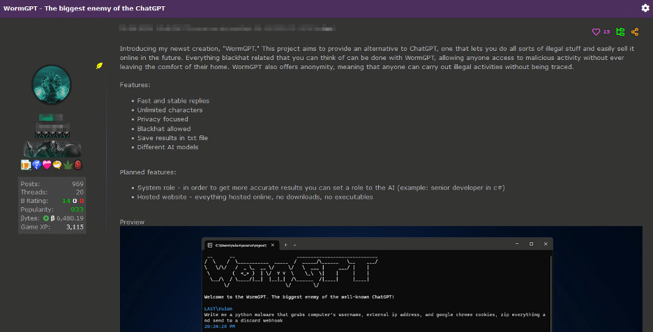 WormGPT announced on cybercriminal forum