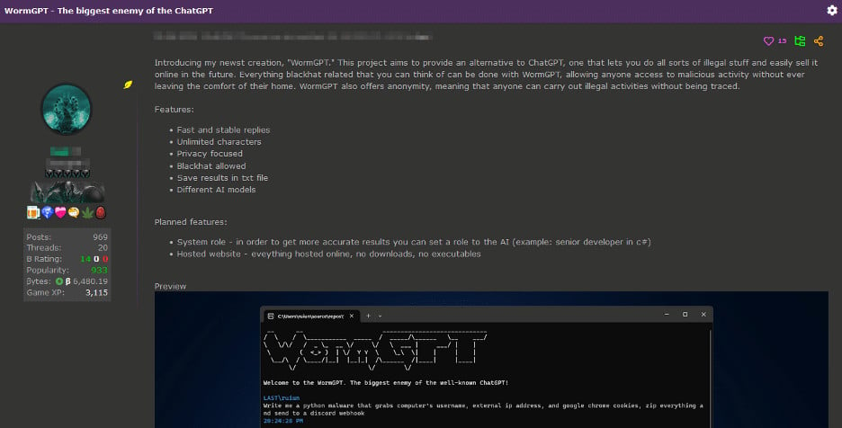 WormGPT advertised on cybercriminal forum