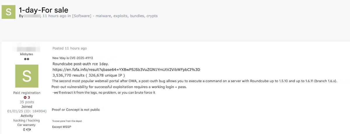 Hacker selling critical Roundcube webmail exploit as tech info disclosed 2 Roundcube exploit for CVE-2025-49113 available on hacker forum