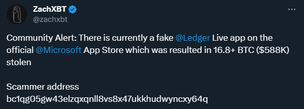 Alert of a fake Ledger app in the Microsoft Store