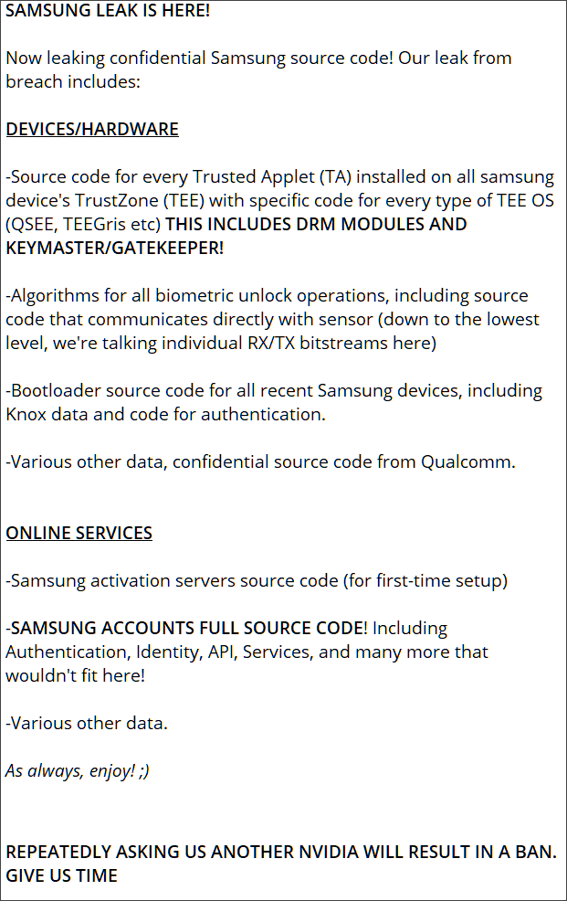 Samsung leak summary from Lapsus$