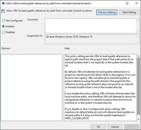 Allow VBA loading from untrusted intranet locations