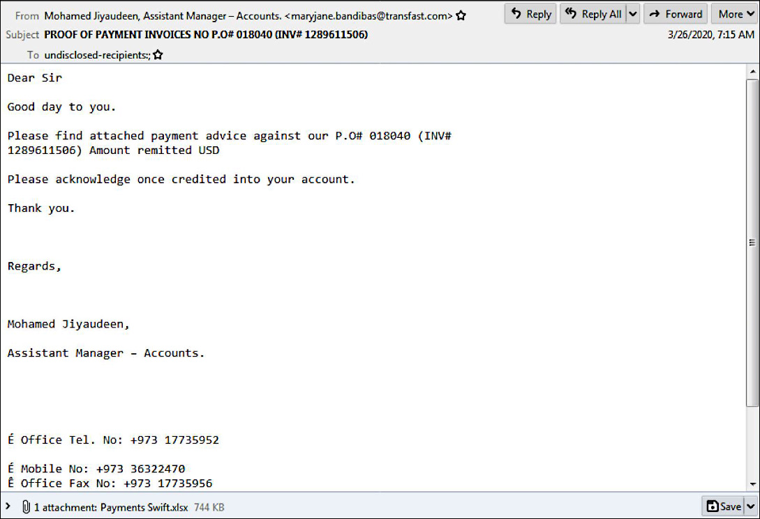 BEC phishing email sample