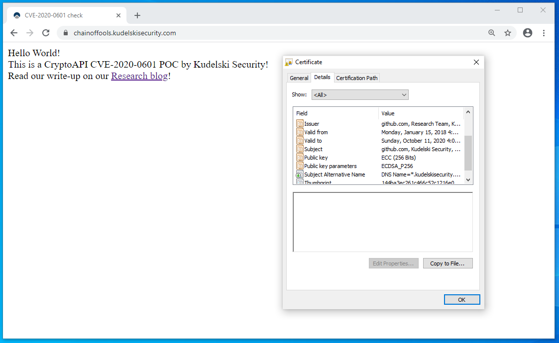 Spoofing web site certificates