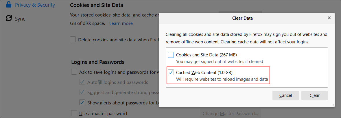 Clear Firefox cache