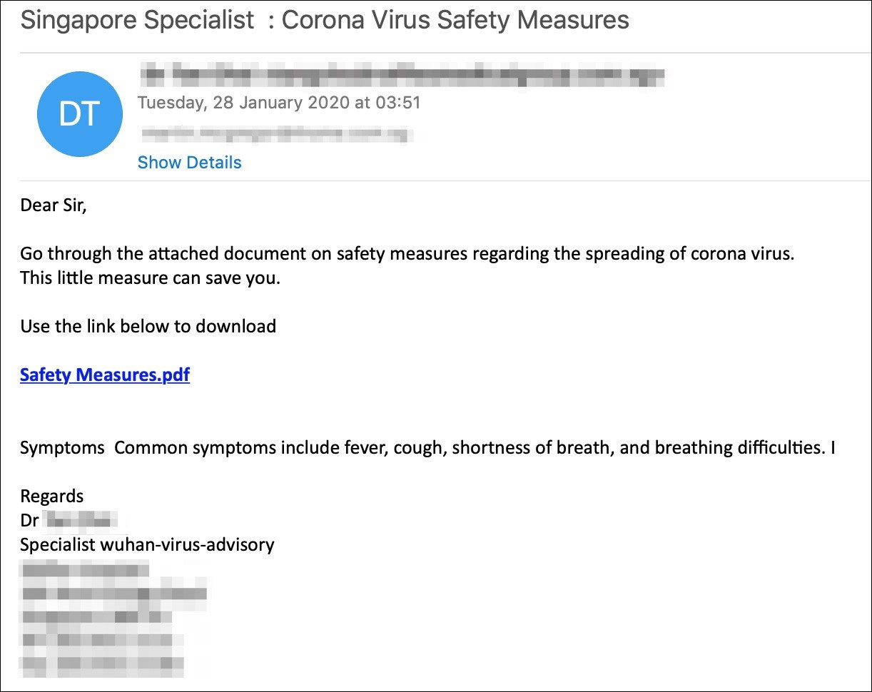 Coronavirus phishing email sample