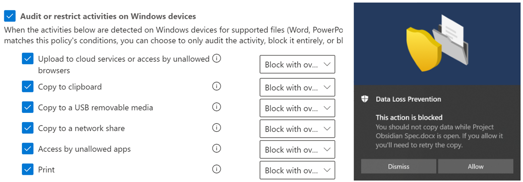 Creating DLP policies, DLP popup on device