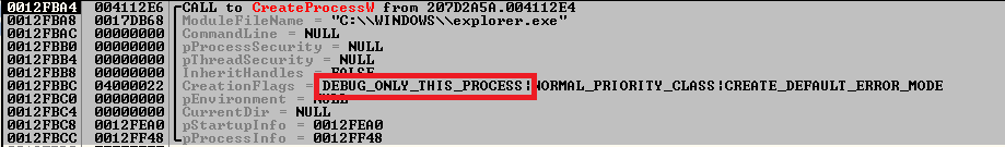 Creating the explorer.exe process in debug mode