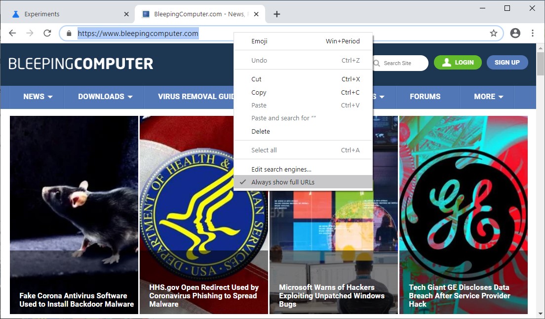 Full URL in address bar