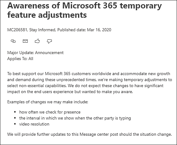 Temporary feature adjustments announcement