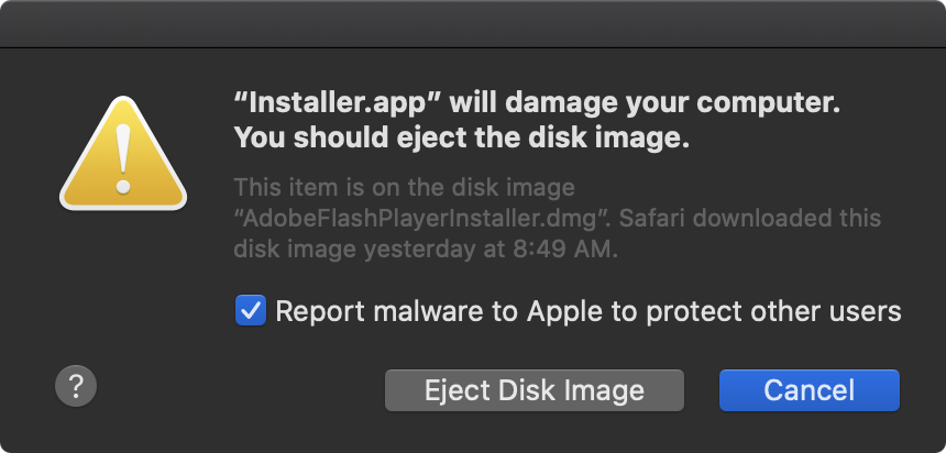 Shlayer malware sample blocked by Gatekeeper