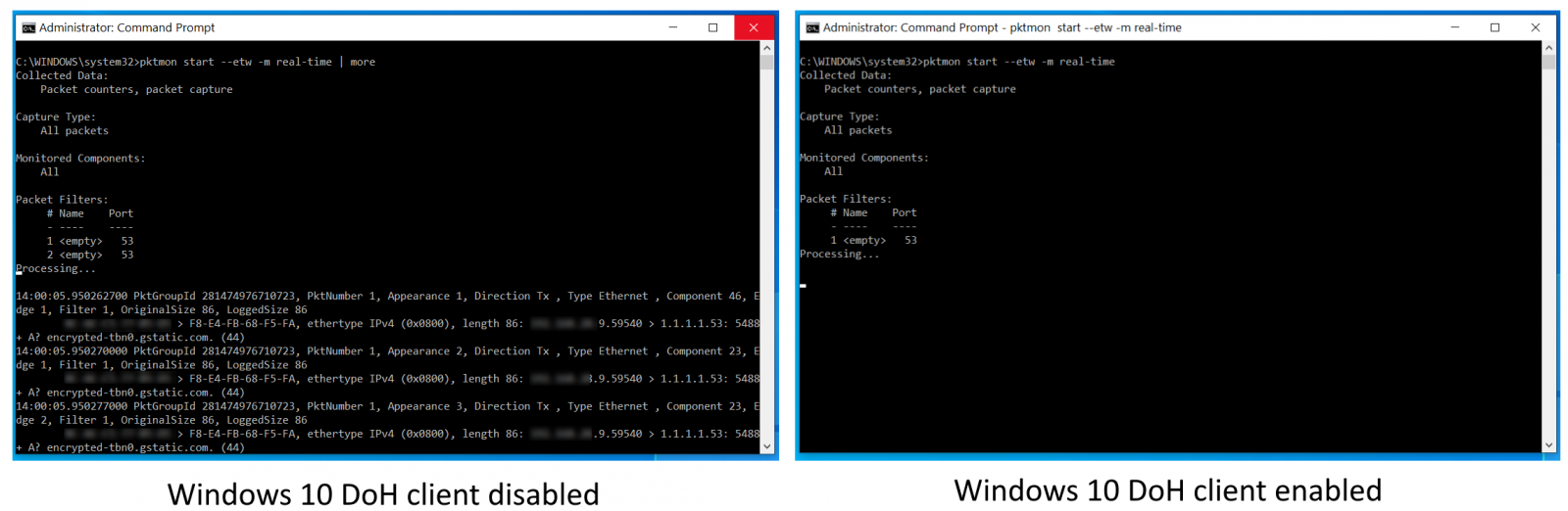 Windows 10 일반 텍스트 DNS 트래픽 모니터링