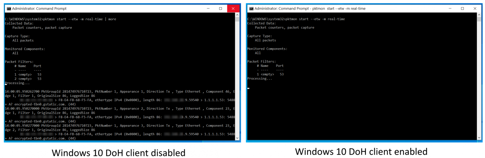 Monitoring Windows 10 plain text DNS traffic