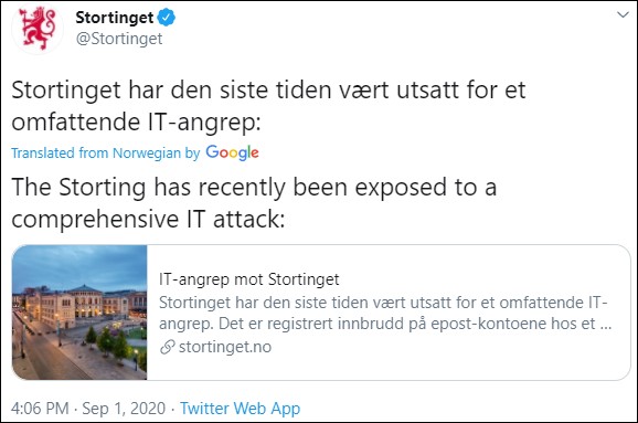 Norwegian Parliament tweet