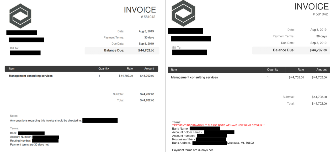 Original invoice on the left, Ancient Tortoise-altered invoice on the right