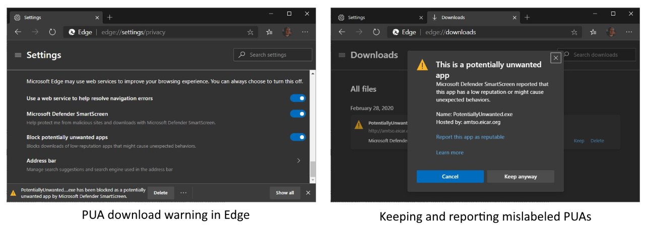 PUA warning in Microsoft Edge