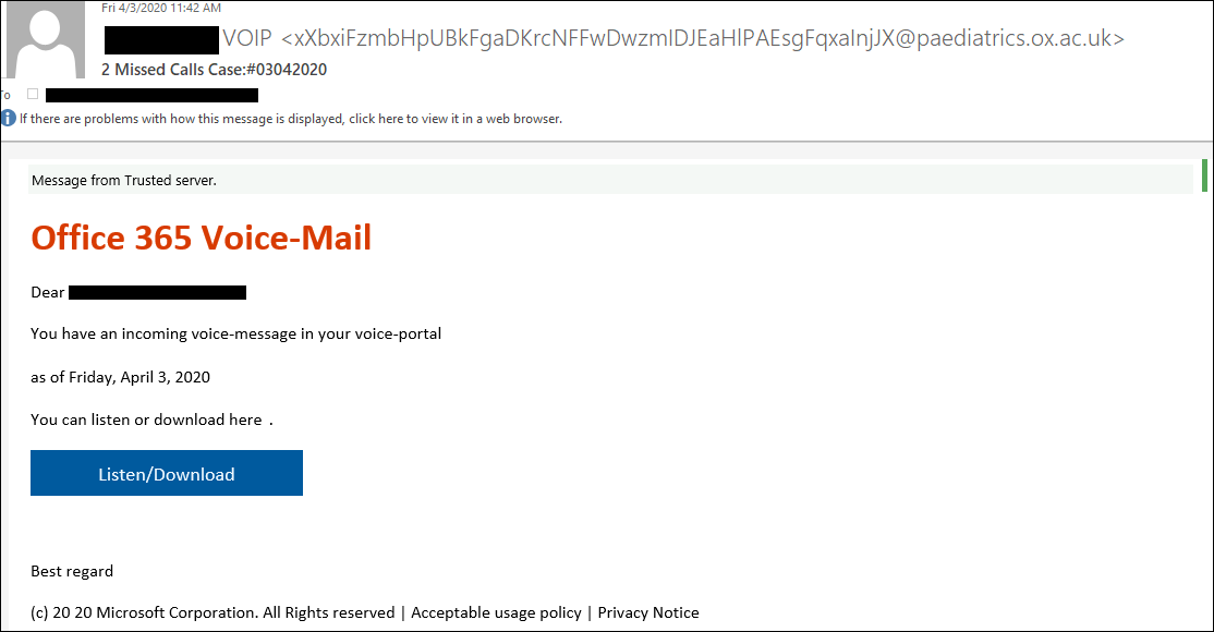 Phishing email sample