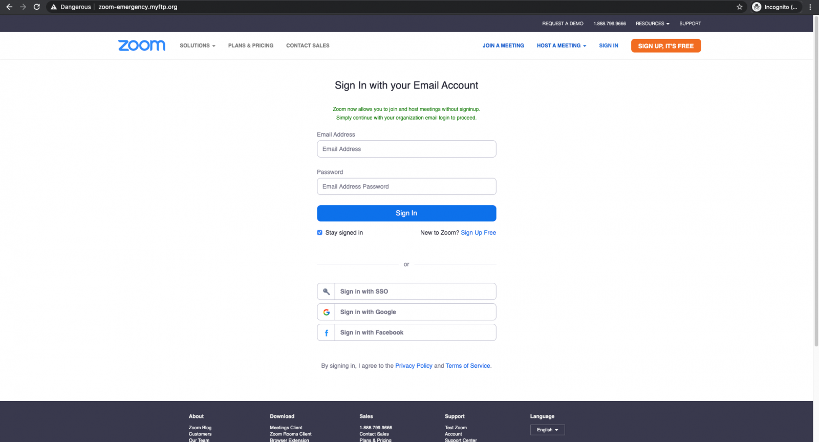 Phishing landing page