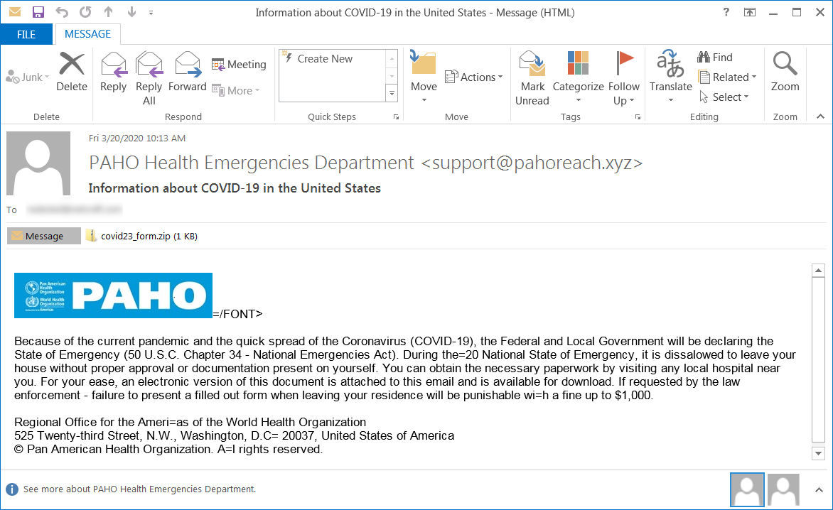 Phising email sample used in these attacks