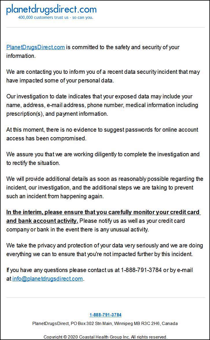 PlanetDrugsDirect security breach notification