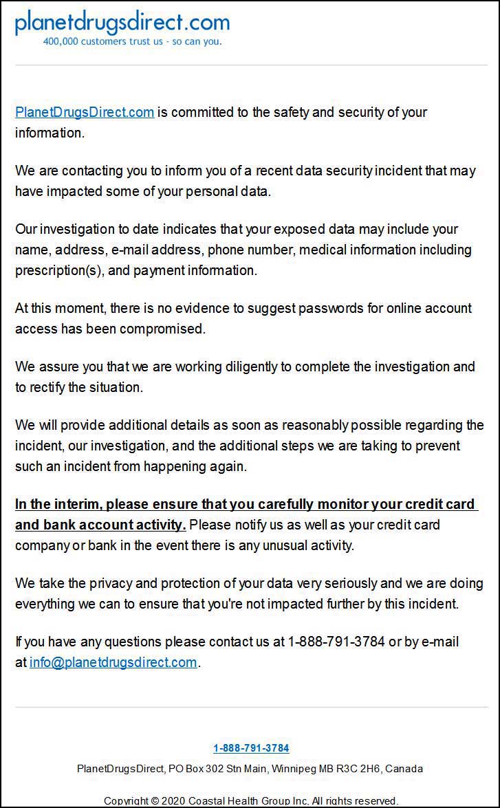 PlanetDrugsDirect security breach notification