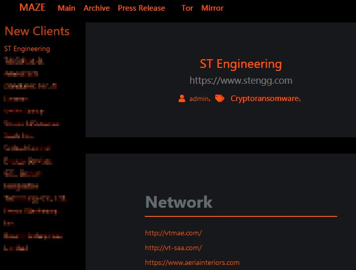 ST Engineering entry on Maze leak site