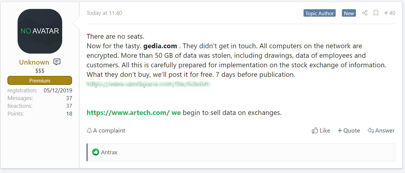 Sodinokibi GEDIA data leak
