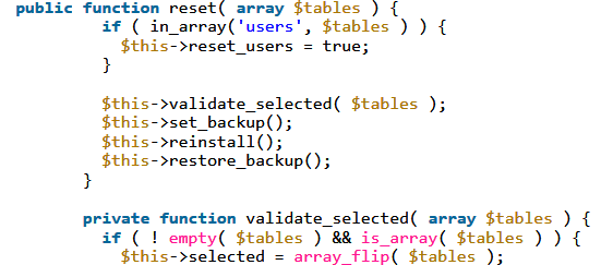 Vulnerable database reset function