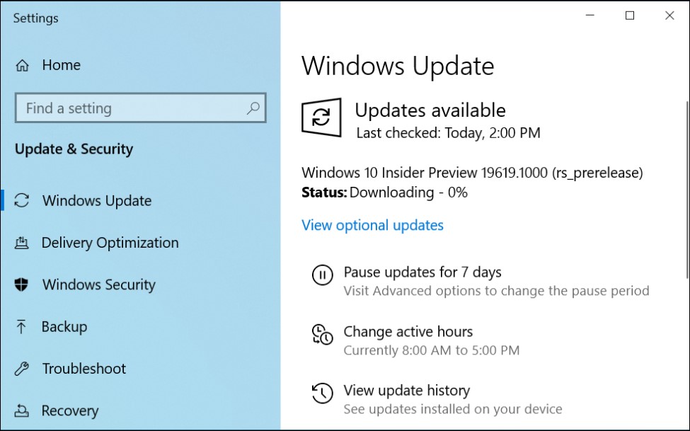Windows 10 Insider Preview Build 19619