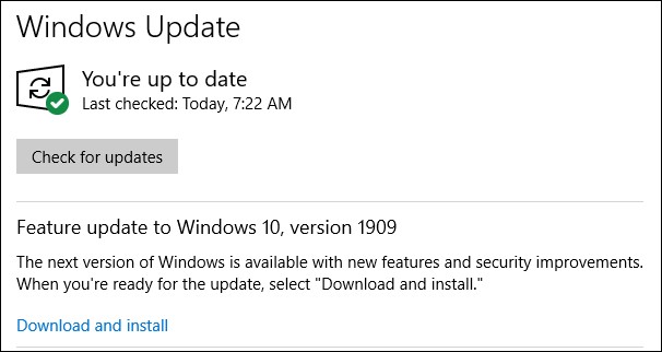 Windows 1909 update being offered