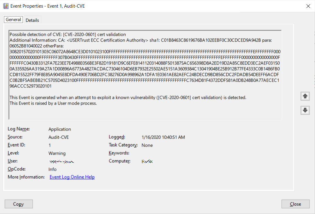 Windows Event Viewer logging exploit attempts