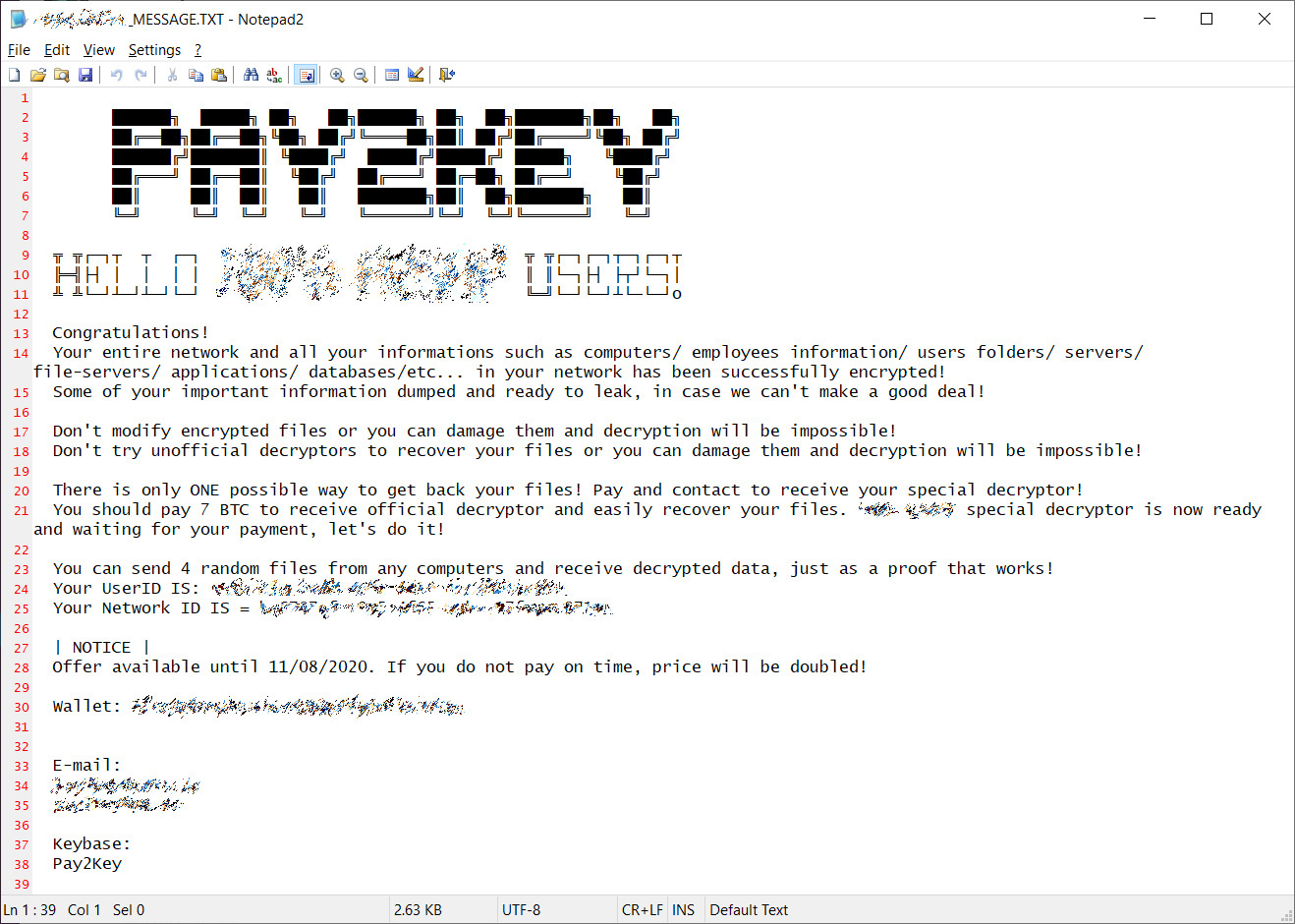 Die pay2key Ransomware Mitteilung