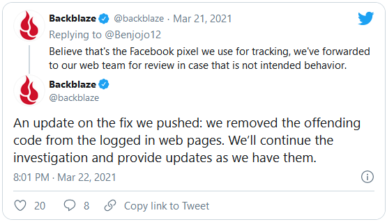 Backblaze Facebook advertising pixel